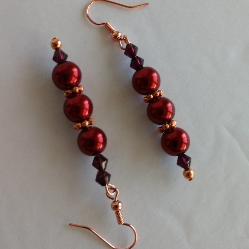 Red Faux Pearl Earrings On Copper Plated Brass Fishhooks Handmade 2.375 inches - Picture 16 of 16
